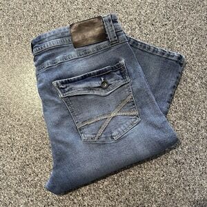 TK‎ Axel Bootcut Jeans Mens 36x32 Slim Button Flap Stretch Denim Blue